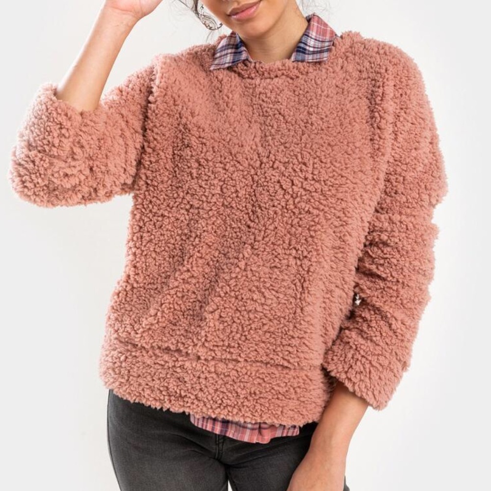 Francesca’s Collection Teddy Sweater Pink Fuzzy Cozy Pullover Women’s Small NWT